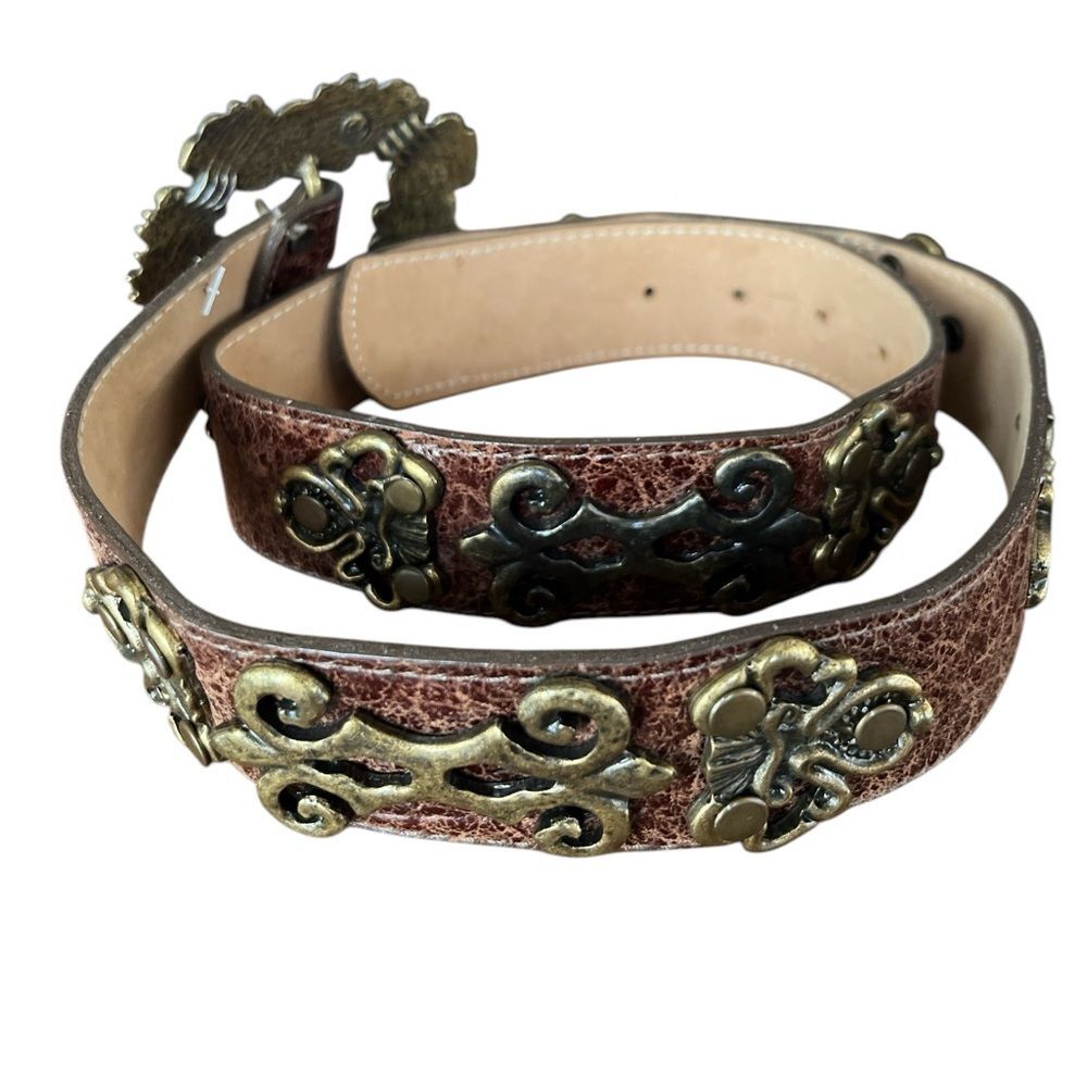 Vintage Leather Belt with Heavy Brass Embellishments Boho Bohemian Festival - Picture 3 of 8